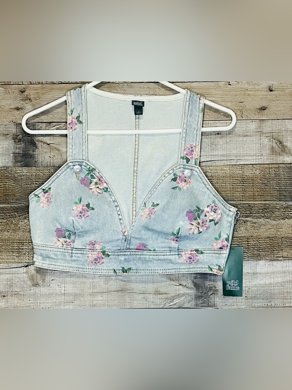 NWT Wild Fable Cropped V-neck denim vest/bralette. Floral Rose Print